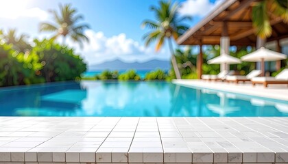 Fototapeta premium Tropical infinity pool terrace overlooking blue ocean and mountains.