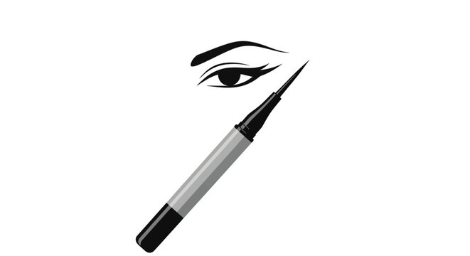 Eyeliner pen drawing a perfect wing on a stylized eye, beauty makeup concept, isolated white background.