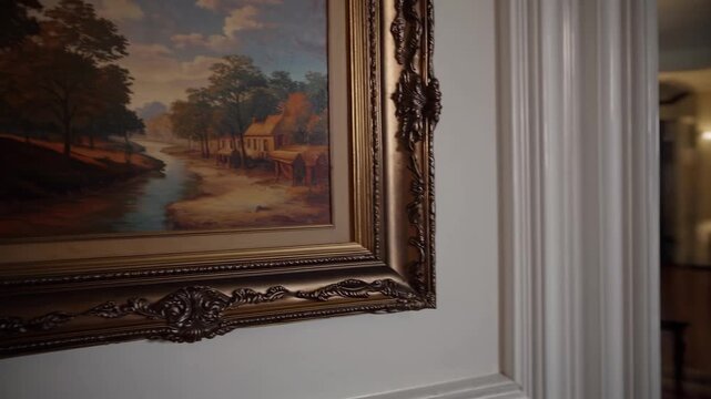 Vintage room interior with floral wallpaper and oriental rug. Pan to a framed landscape oil painting on the wall. Classic home decor
