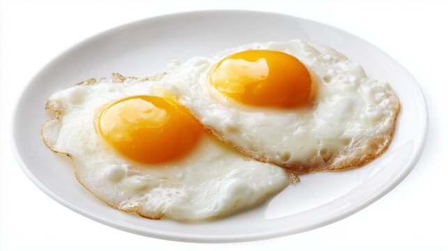Sunny side eggs with runny yolk on a white plate,  isolated on white background