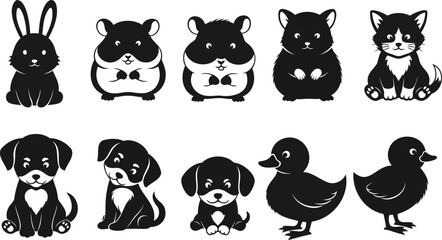 cute small animal silhouette vector bundle, collection of adorable animals including bunny