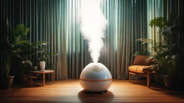 A humidifier emits steam in a well-lit room with plants and a seating area