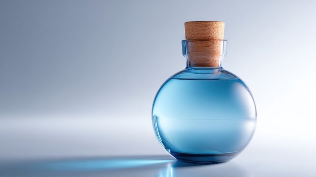 Blue liquid in round glass bottle sealed with cork stopper. Magical potion container or chemistry reagent flask. Spa aromatherapy oil or chemical elixir, laboratory glass equipment.