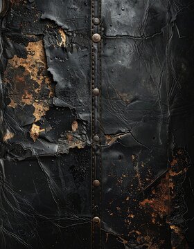 A close-up view of heavily aged and damaged black leather texture with exposed gold-toned underlay and visible metal rivets.