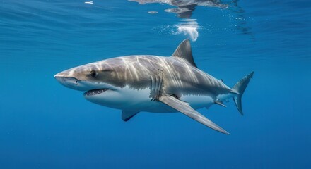 Fototapeta premium Majestic Great White Shark Swimming Deep Ocean Underwater Scene