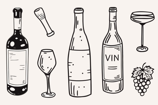 A collection of hand drawn wine bottles glasses and a bunch of grapes