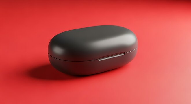 Black wireless earbuds case on red background with silver button and shadow