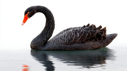 Obraz premium Black swan swimming on water surface. Elegant bird with dark feathers and bright red beak isolated on white background. Symbol of grace, beauty and nature in wildlife concept.
