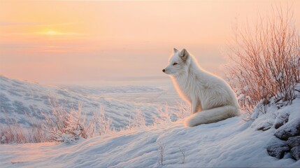 Fototapeta premium White arctic fox sitting on snow covered hill at sunset. Arctic wildlife in polar winter landscape. Nature scenery with wild predator in natural habitat. Cold season background concept.