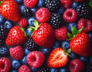Obraz premium A vibrant close-up view of mixed fresh berries including strawberries, raspberries, and blueberries.