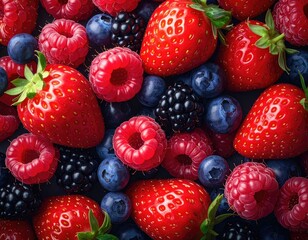 Fototapeta premium A vibrant close-up of fresh strawberries, raspberries, blueberries, and blackberries.