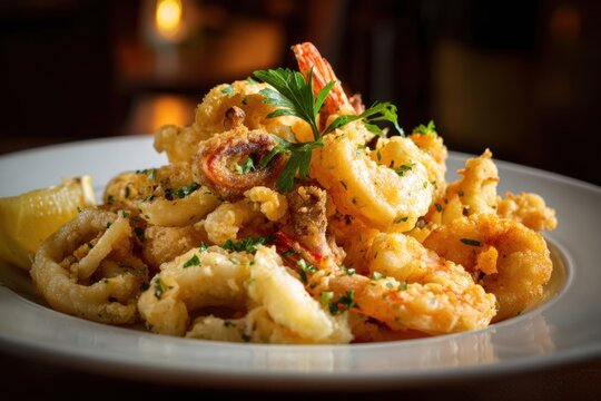 Fried seafood platter with calamari, shrimp, and lemon