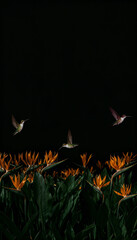 Fototapeta premium Strelitzia flowers and hummingbirds behind ripple glass distortion texture on black background. Dark, beautiful, low key, exotic, bloom backdrop design. Bird of Paradise blossom. Copy space 