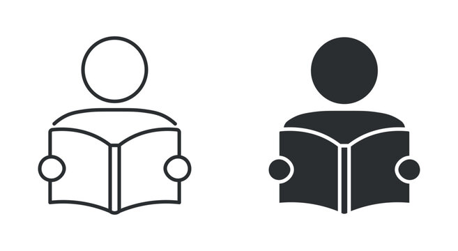 Reading book icon set, person reading open book symbol, in outline and solid silhouette style. Vector illustration.