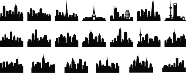 World city skyline silhouettes collection with famous landmarks and skyscrapers, urban architecture panorama set isolated vector illustration for travel, tourism, cityscape design