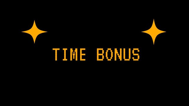 Animated pixel art text TIME BONUS with flashing stars on a black background. 4K video animation for video game.