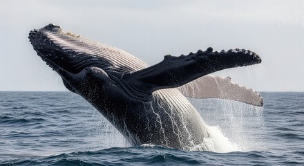 Fototapeta premium Majestic Humpback Whale Breaching with Ocean Spray Under Overcast Sky
