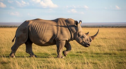 Obraz premium Majestic Rhinoceros Grazing in Open Grassland Under Clear Sky