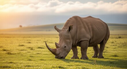 Fototapeta premium Majestic Rhinoceros Grazing in Vast African Grassland at Sunset