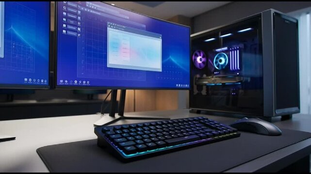 High-Performance Gaming PC Setup with Multiple Monitors and RGB Lighting.