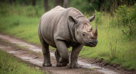Obraz premium Majestic Rhinoceros Walking Through Lush Grassland in Natural Habitat