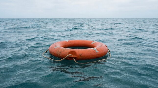 An orange lifebuoy floats on calm ocean waters under a cloudy sky. The scene conveys safety and rescue at sea.