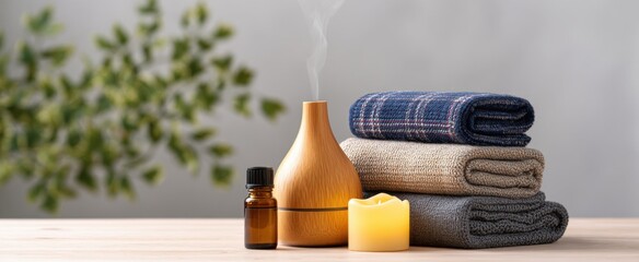 relaxing setup of essential oil diffusers and soft throws for a tranquil spa experience