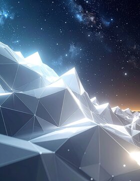 Low-poly crystalline landscape under a vibrant starry night sky.