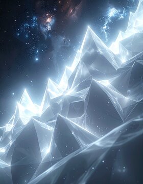 Luminous crystalline mountain range beneath a starry nebula sky.