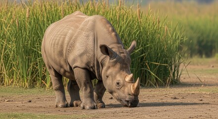 Fototapeta premium Majestic Rhinoceros Walking Through Grassland in Natural Habitat