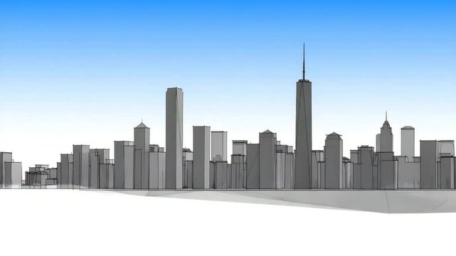 A monochrome line drawing of a city skyline with buildings and light blue sky