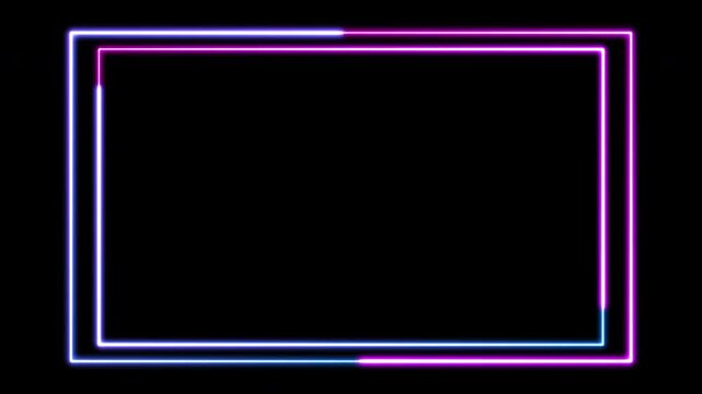 Seamless loop animated rectangle picture frame with two tone neon color 4K video motion graphic isolated on black background. Futuristic light effect for overlay element. Empty copy space