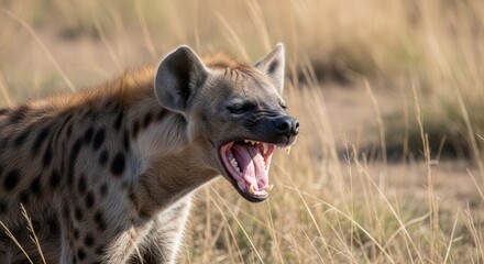 Obraz premium Majestic Hyena Roaring in Open Savannah During Sunset