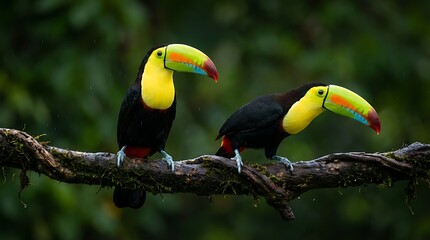 Fototapeta premium Two vibrant keel billed toucans perched closely together on a mossy jungle branch