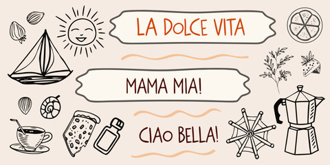 Italian themed doodle art with sun coffee and travel elements © Buddiswar