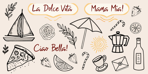 Italian themed doodles including food travel and celebratory elements © Buddiswar