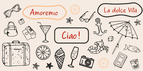 A playful doodle collection evoking italian summer vibes and travel © Buddiswar