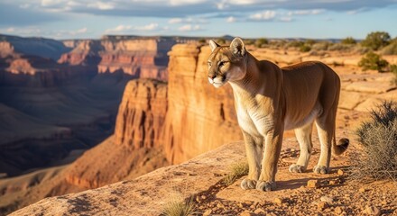 Majestic Mountain Lion Cub Standing on Cliff Edge in Grand Canyon Landscape