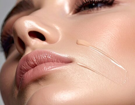 Close-up of flawless skin texture with liquid foundation swatches applied to the cheek area near the nose and glossy lips.