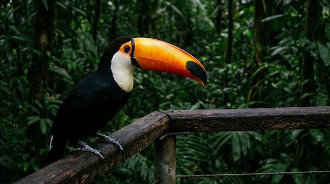 A vibrant toco toucan with a striking orange beak and white chest perches on a wooden railing.