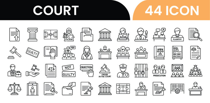 Collection of 44 court related icons in simple line art style