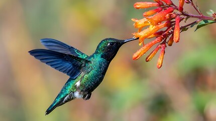 Fototapeta premium A vibrant iridescent green hummingbird hovers gracefully, feeding nectar from a cluster of orange tubular flowers.