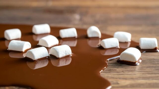 Marshmallows dipped in rich, liquid chocolate on a textured wooden surface
