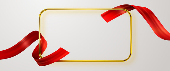 Golden rectangular frame with a red ribbon, perfect for celebrations, gifts, and banners. Vector illustration