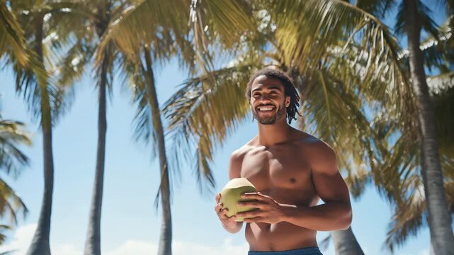 Smiling men holding coconut on tropical beach, Concept of summery, healthy lifestyle