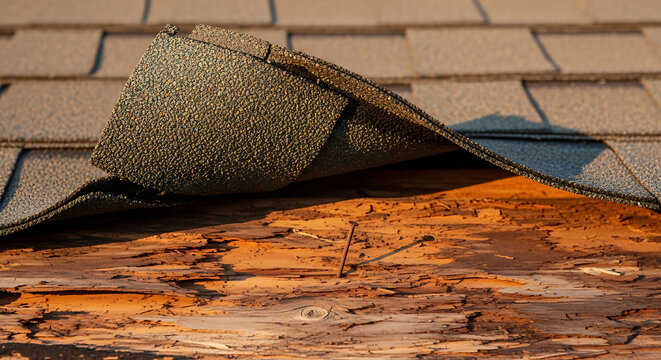 Worn asphalt shingle lifting revealing severe wood deck rot and decay at the roof edge, demonstrating critical water damage requiring immediate structural maintenance and shingle replacement.
