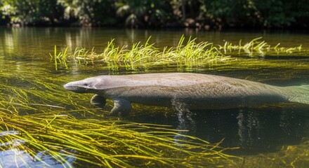 Majestic whale surfacing in ocean with vibrant aquatic plants and clear water
