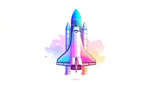 A vibrant, watercolor-style space shuttle against a white background