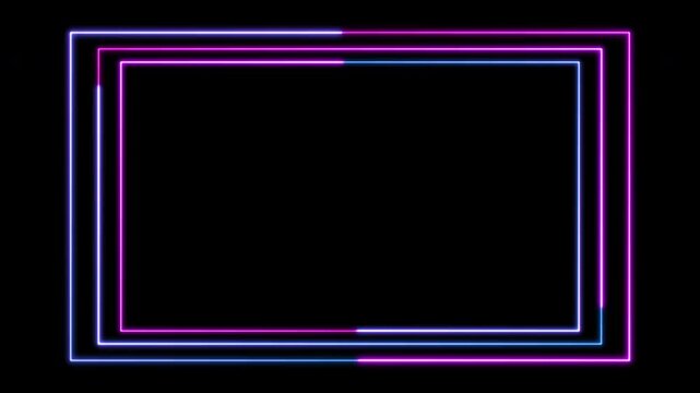 Seamless loop animated rectangle picture frame with two tone neon color 4K video motion graphic isolated on black background. Futuristic light effect for overlay element. Empty copy space