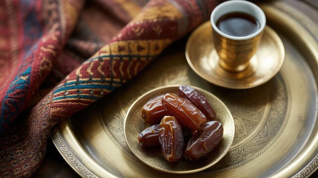 Exquisite dates and aromatic Arabic coffee served on a decorative brass tray, accompanied by a beautifully patterned traditional fabric.